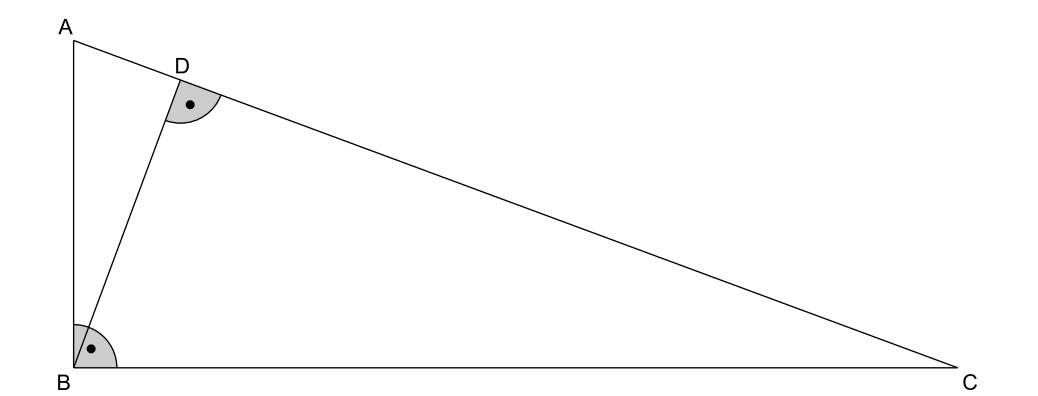 Geometrische Skizze eines Dreiecks ABC mit Punkt D auf AC und markierten Winkeln bei B und D.